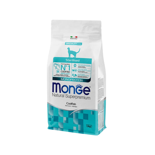 Monge מונג׳ מזון יבש לחתולים מסורסים ומעוקרים בטעם בקלה 1.5 ק״ג