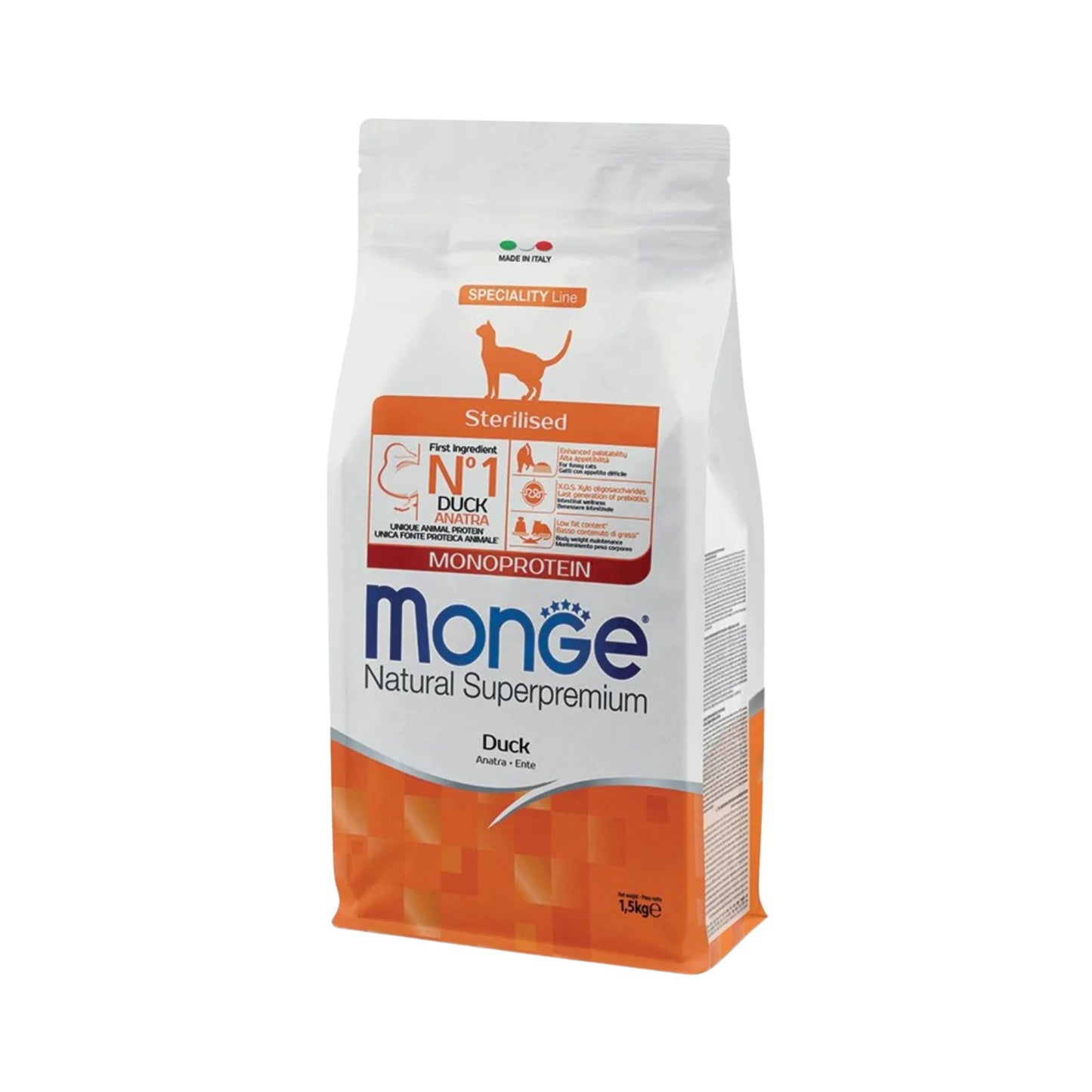 Monge מונג׳ מזון יבש לחתולים מסורסים ומעוקרים בטעם ברווז 1.5 ק״ג