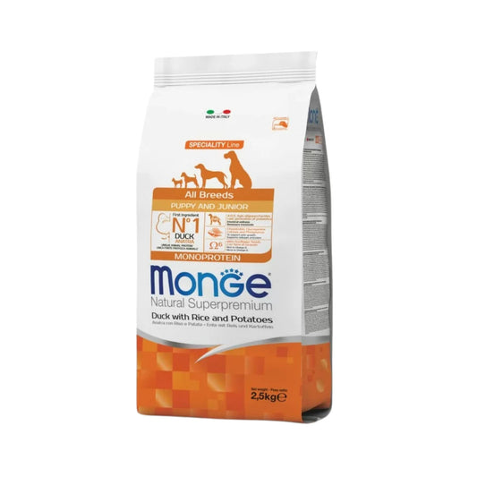 Monge מונג׳ ברווז ואורז ותפוחי אדמה מזון יבש לגורי כלבים פפי 2.5 ק״ג