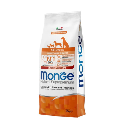 Monge מונג׳ ברווז ואורז ותפוחי אדמה מזון יבש לגורי כלבים פפי 12 ק״ג