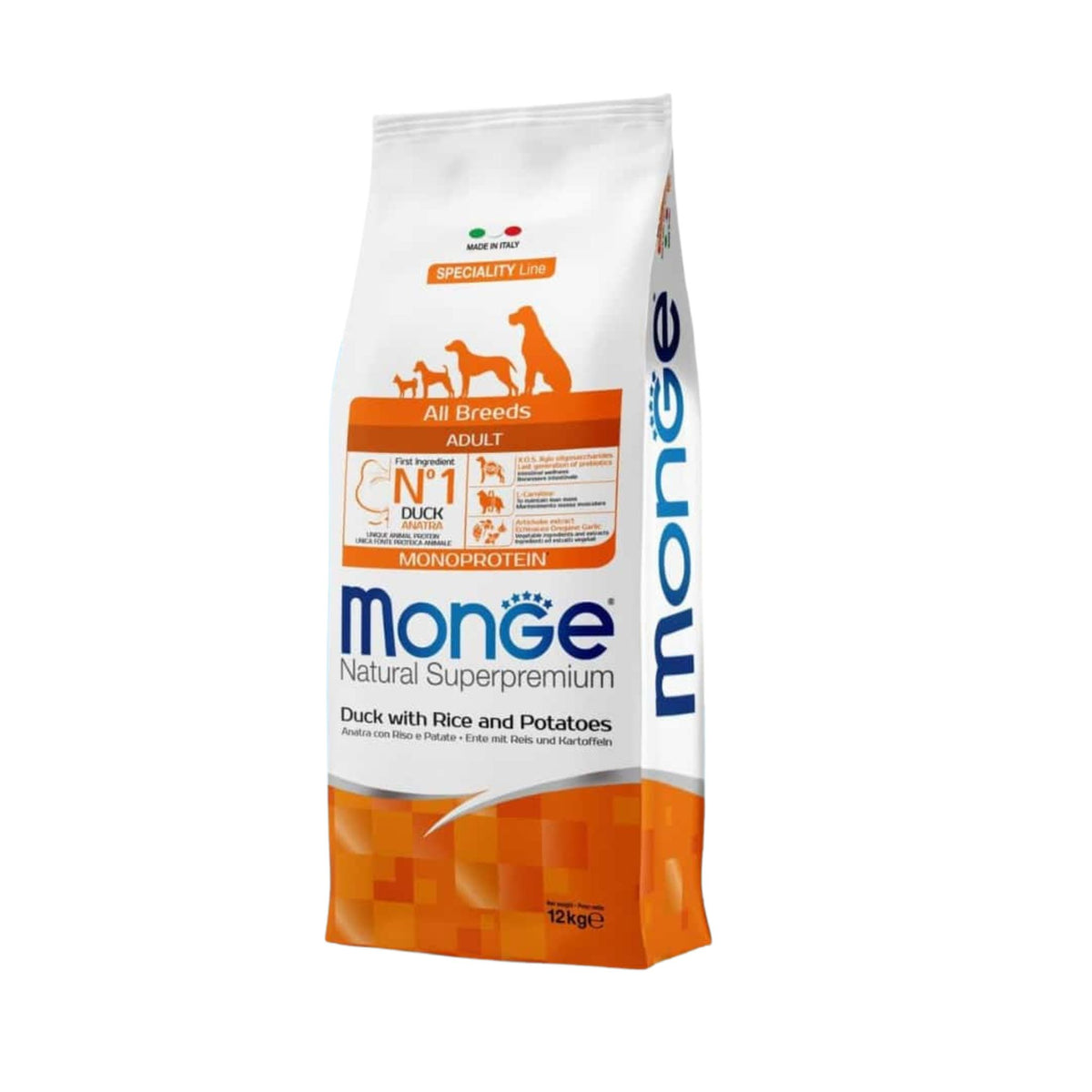 Monge מונג׳ ברווז ואורז ותפוחי אדמה מזון יבש לכלבים בוגרים 12 ק״ג