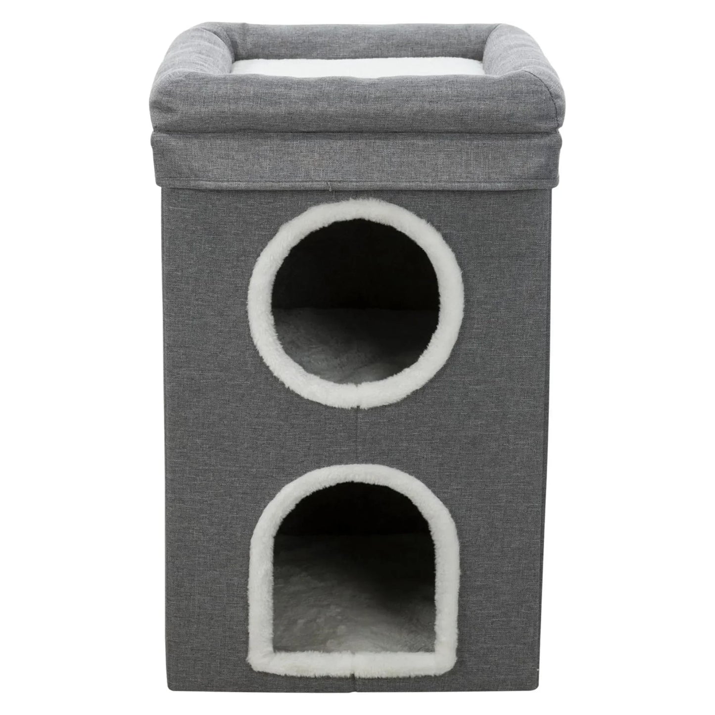 Two-story padded cat tree with scratch in gray