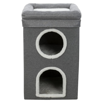 Two-story padded cat tree with scratch in gray