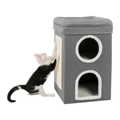 Two-story padded cat tree with scratch in gray