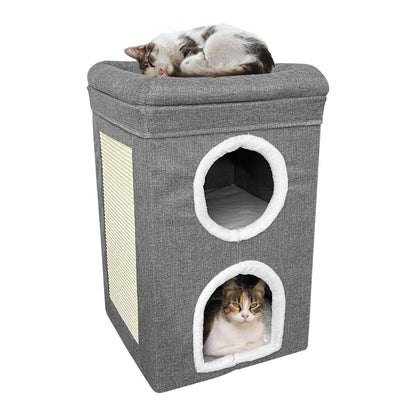 Two-story padded cat tree with scratch in gray