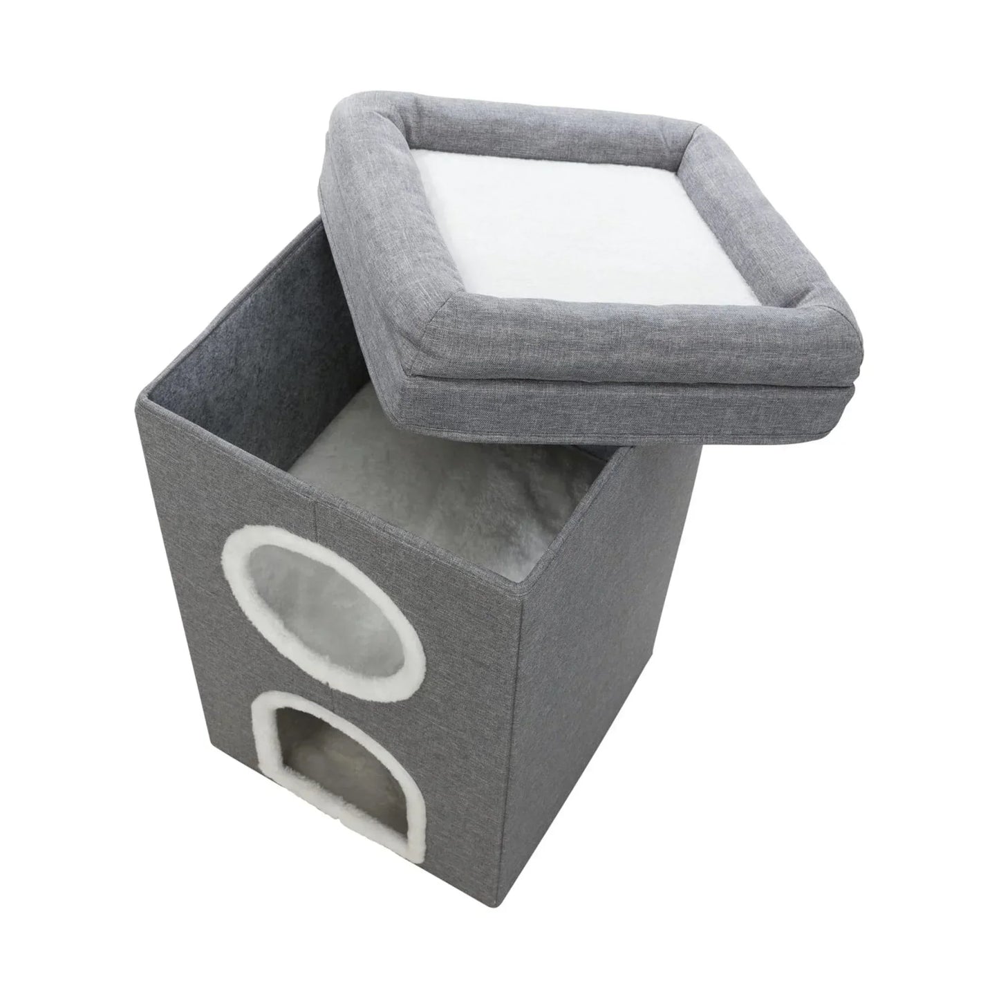 Two-story padded cat tree with scratch in gray