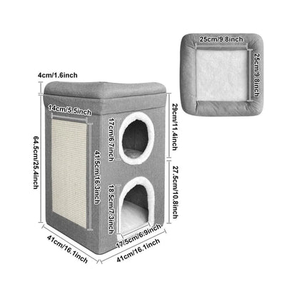 Two-story padded cat tree with scratch in gray