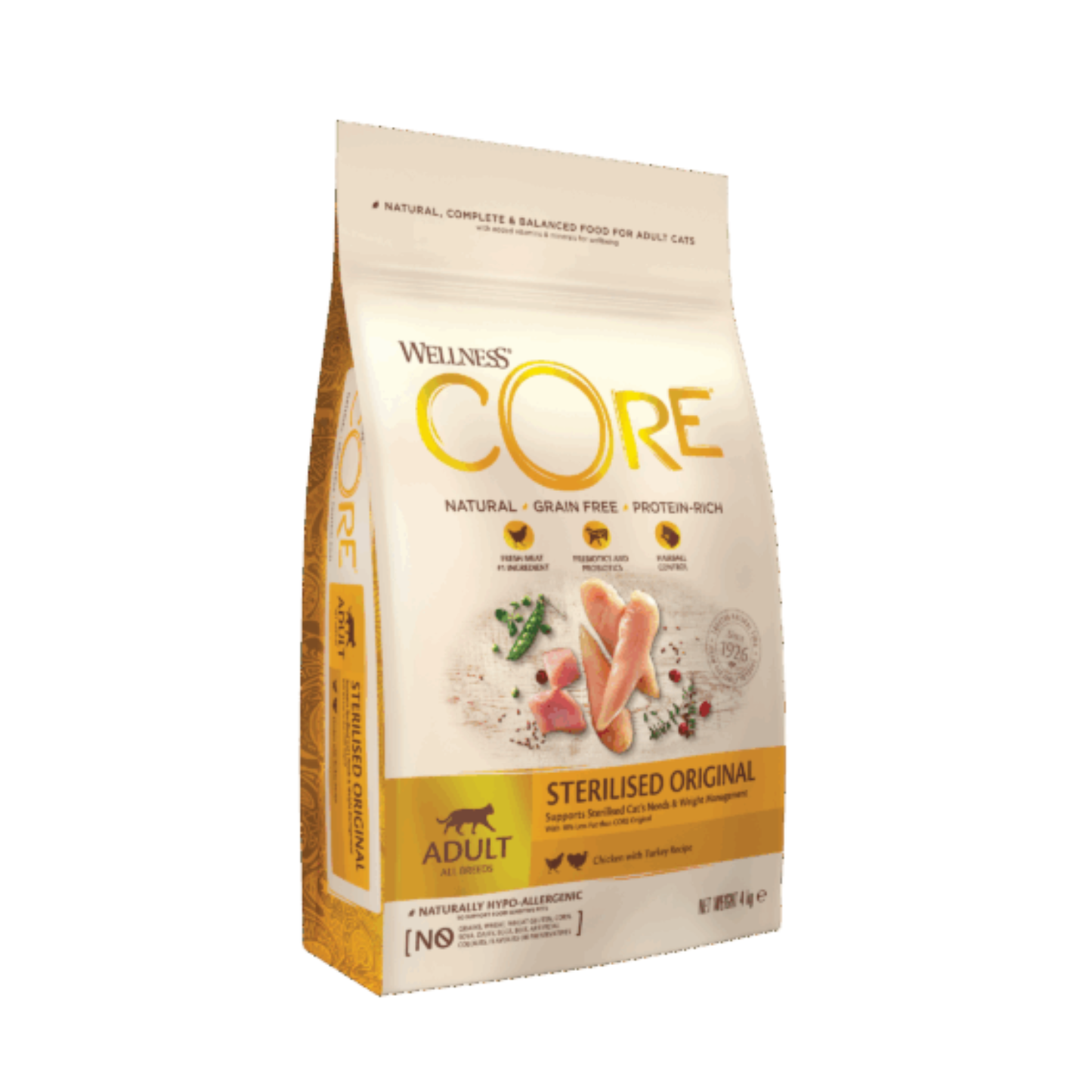 Wellness CORE וולנס קור מזון יבש לחתולים מסורסים ומעוקרים עוף והודו 4 ק״ג