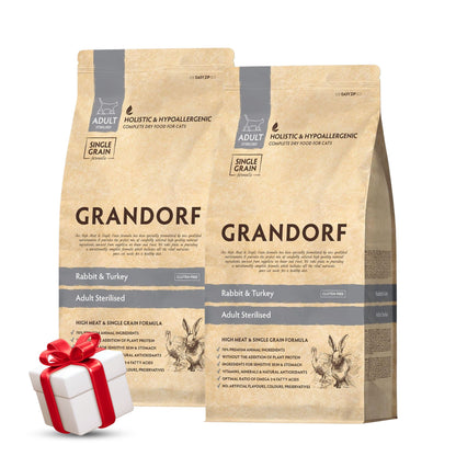 GRANDORF Rabbit Sterilized גרנדורף ארנבת סטרילייז לחתולים מעוקרים ומסורסים 8 ק"ג מבצע 2 שקים + מתנה