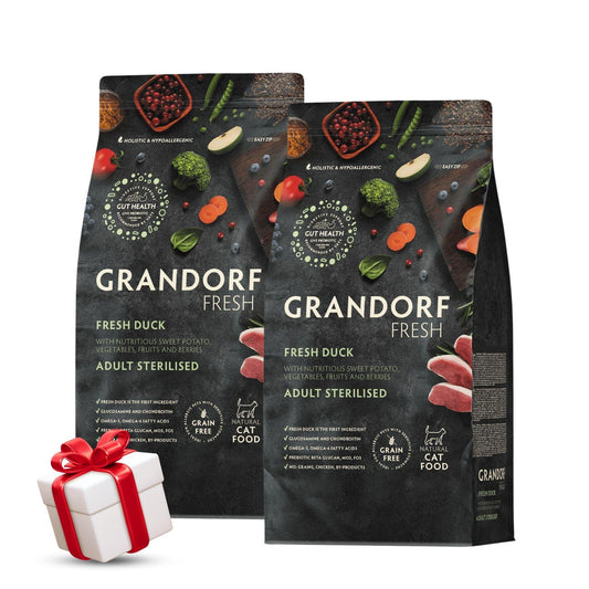GRANDORF Fresh Duck גרנדורף ברווז טרי לחתולים מעוקרים או מבוגרים 2 ק״ג מבצע 2 שקים + מתנה