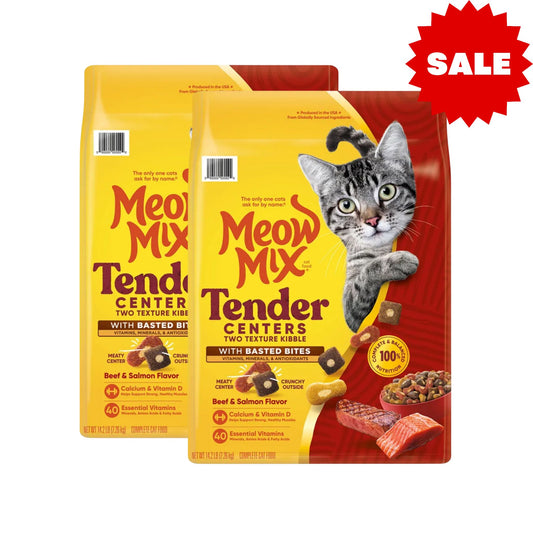 Meow Mix Tender Centers מבצע 2 שקי מיאו מיקס לחתולים בטעם בקר וסלמון 6.44 ק״ג